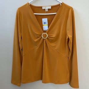 Michael Kors Twist Front Marigold Gold Mustard Blouse Long Sleeve Womens Medium